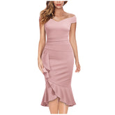 Women's elegant party dresses Off Shoulder V-Neck Ruffle Pleat Waist Slit Dress classic fishtail skirt  traf vestidos para mujer